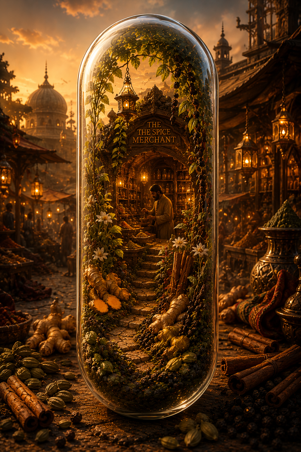 Futuristic cityscape with a glass dome over a garden, featuring a person and various plants.