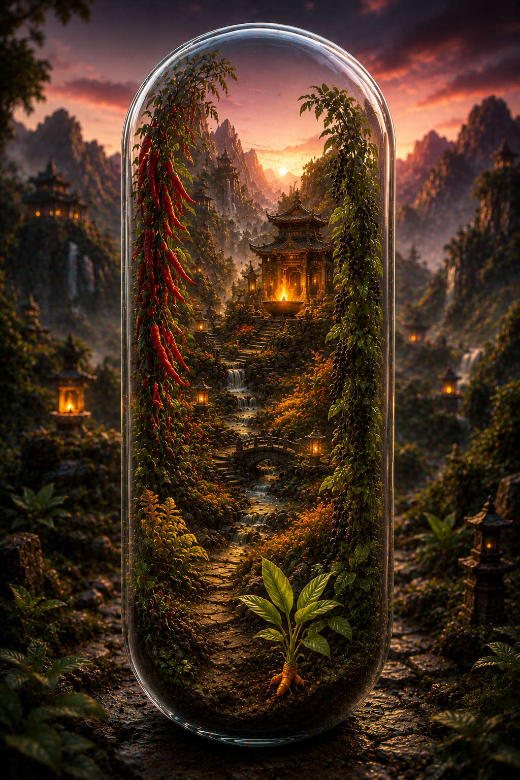 Mystical mountain scene with a temple and path, enclosed in a glass dome. Organic Cayenne, Turmeric & Black Pepper Capsules | The Golden Hearth Trio