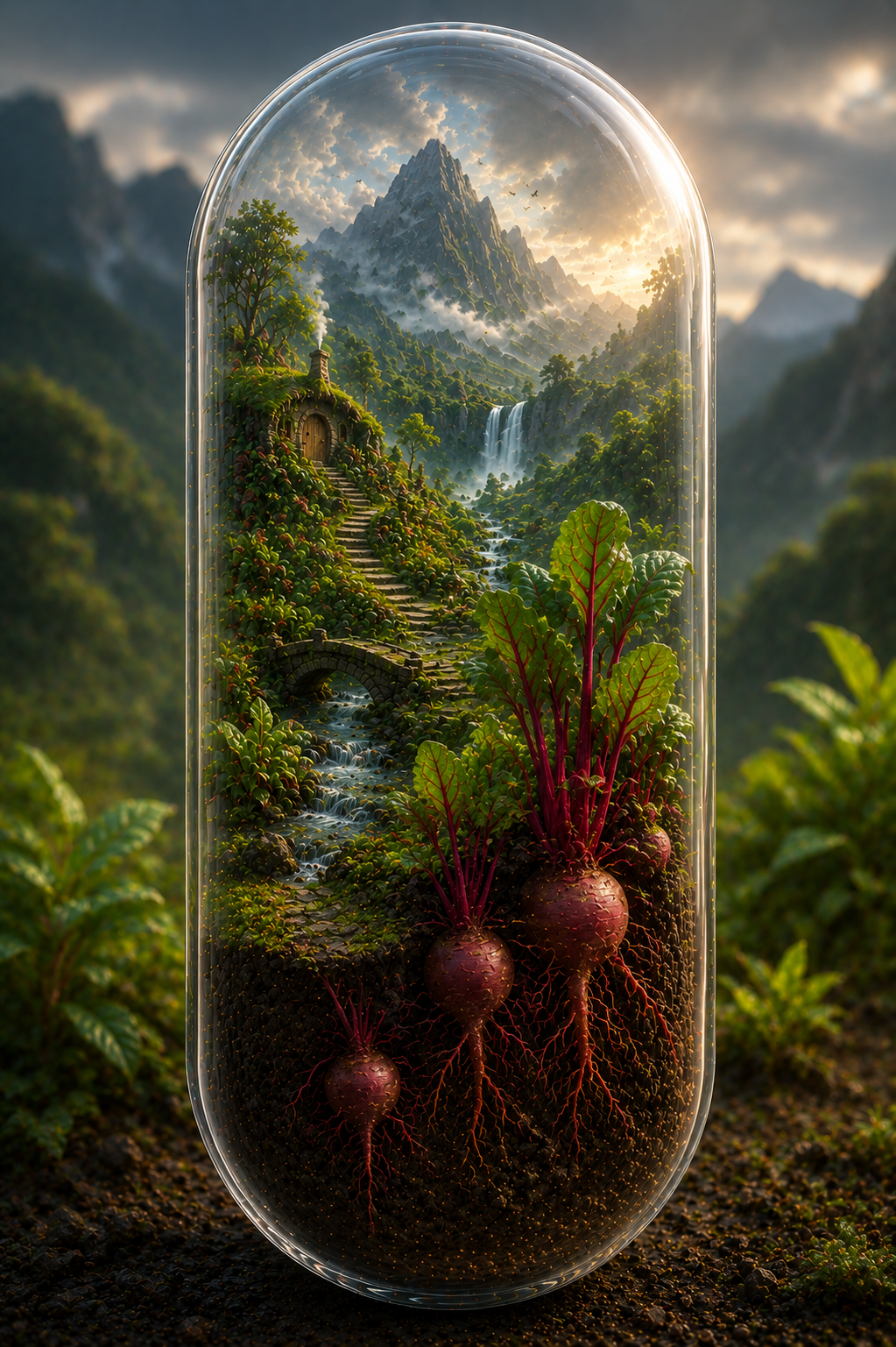 Glass dome containing beets with a mountainous landscape inside. Organic Beetroot Powder Capsules | Pure Earth Energy