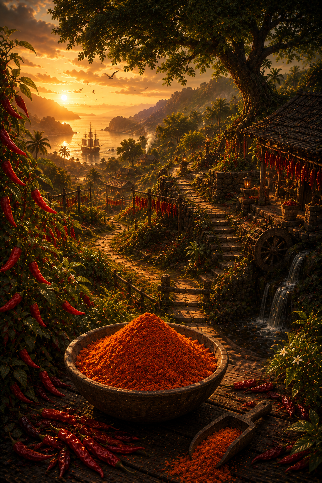 Bowl of red powder with a tropical landscape and sunset in the background. Organic Cayenne Pepper (Bulk Powder) 200g to 1kg | The Raw Spark