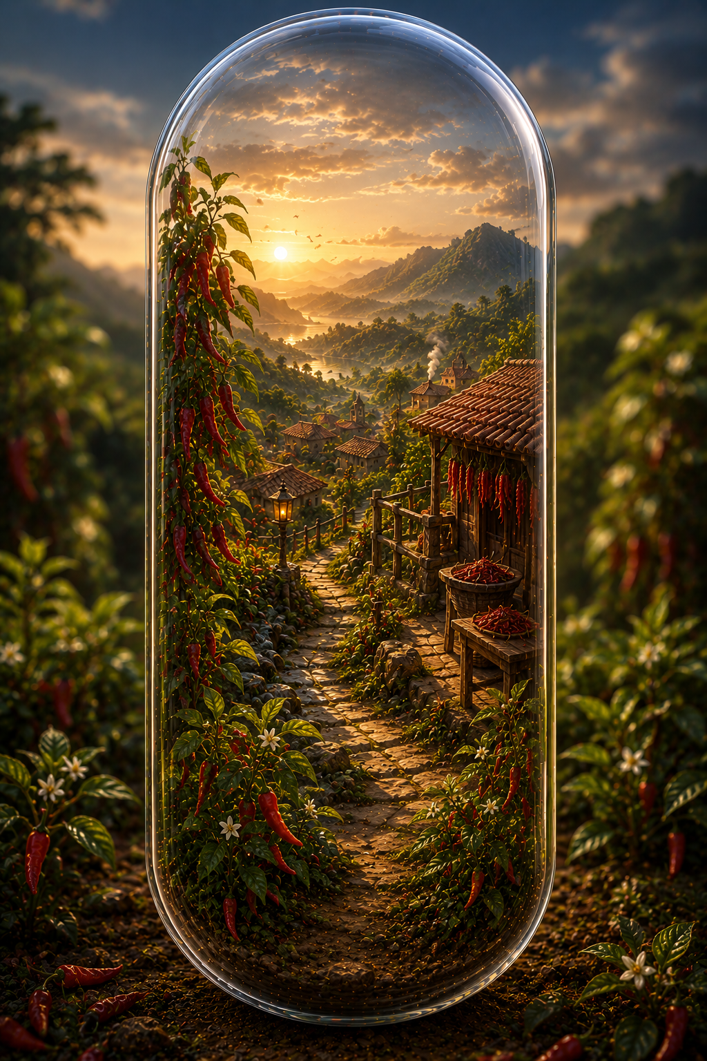 Village nestled in a valley with a mountainous backdrop, framed by a glass dome. Cayenne Pepper Capsules | The Everyday Essential