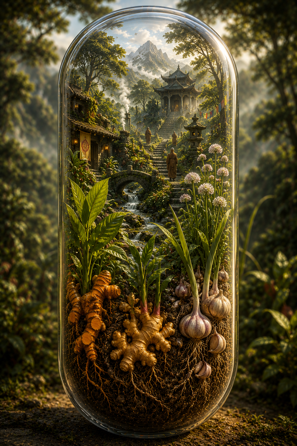 Glass dome containing a miniature landscape with plants and a small building.