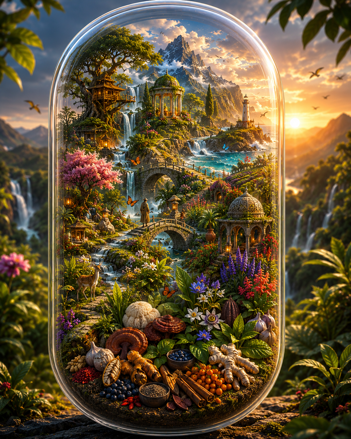Fantasy landscape with a mountainous background, waterfalls, and a clear dome containing a garden with various plants and flowers.