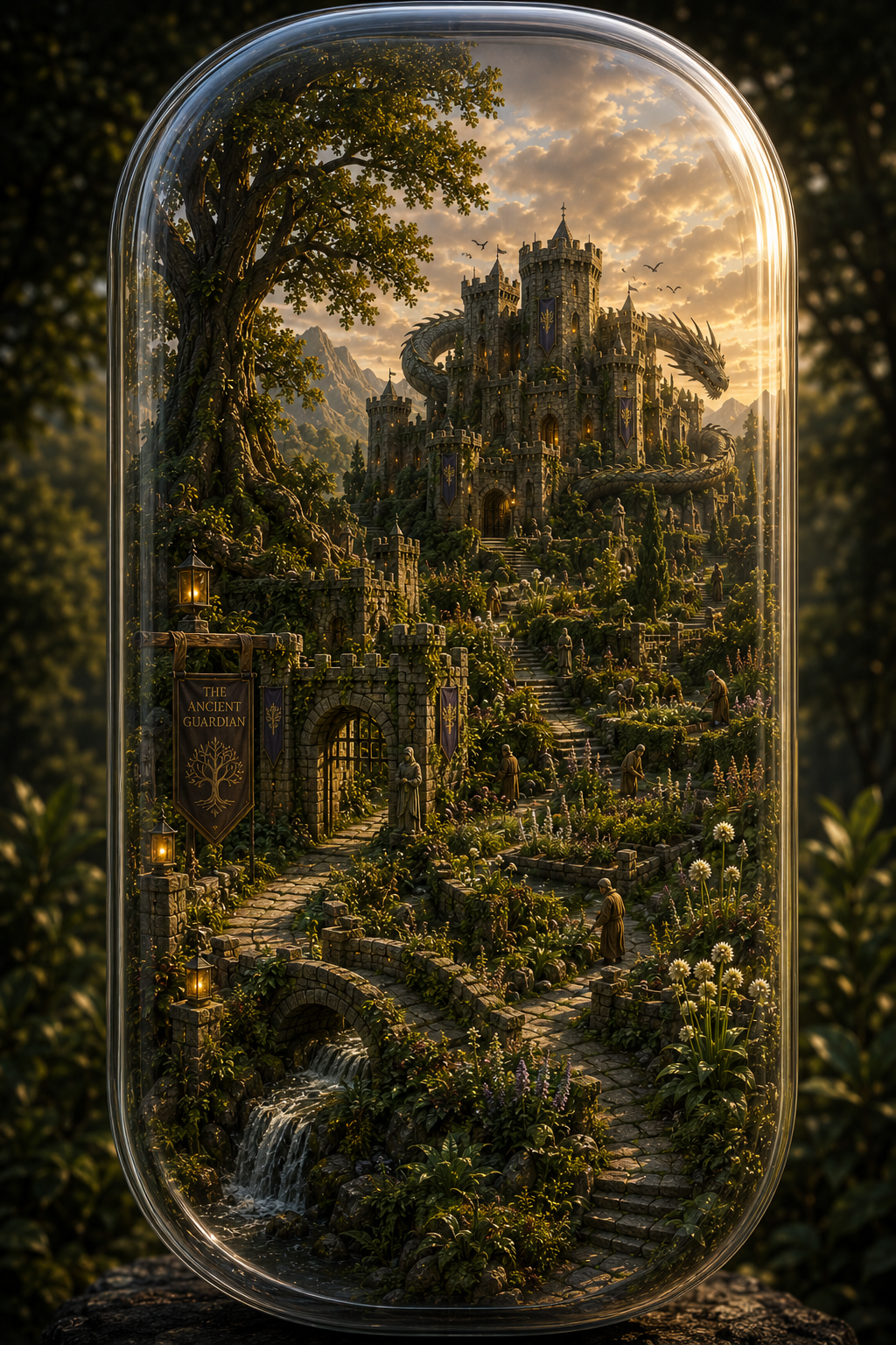 Fantasy castle surrounded by nature inside a glass dome