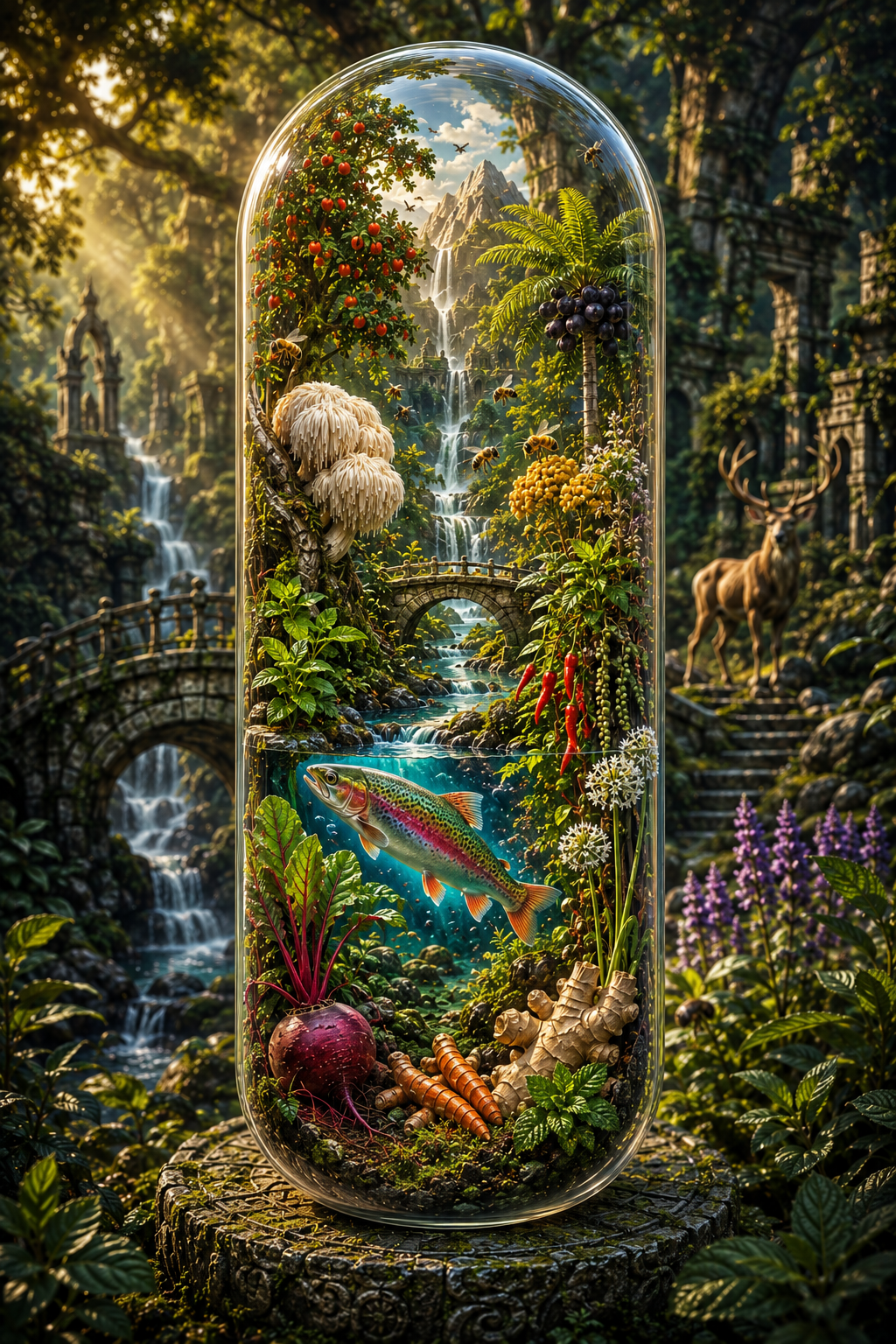 Fantasy garden scene with a fish, plants, and a deer inside a glass dome.