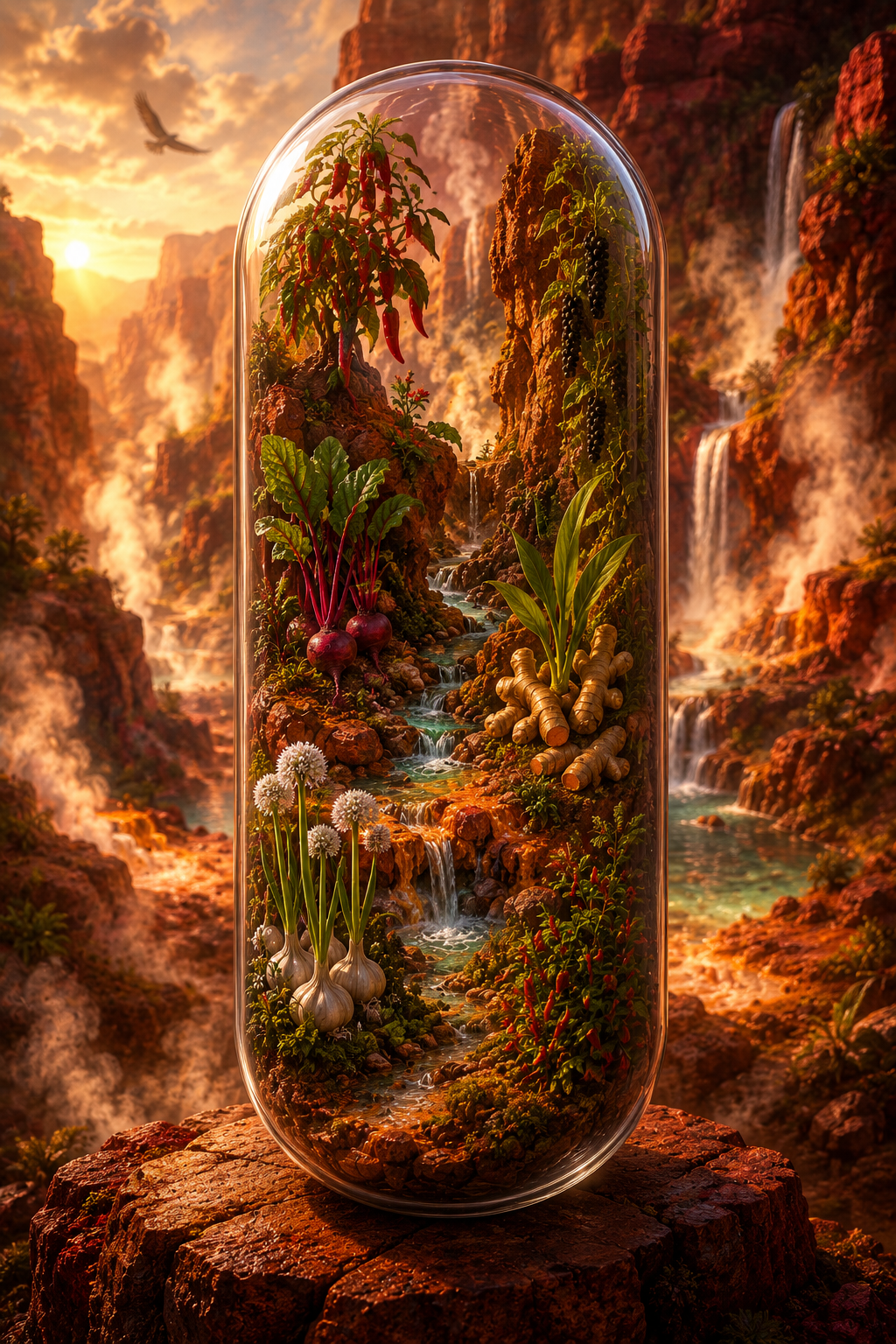 Futuristic glass dome with a miniature landscape of plants and waterfalls, set against a mountainous background. Cayenne Extract Capsules with Beetroot, Ginger, Garlic, Turmeric & Black Pepper | Red Heat