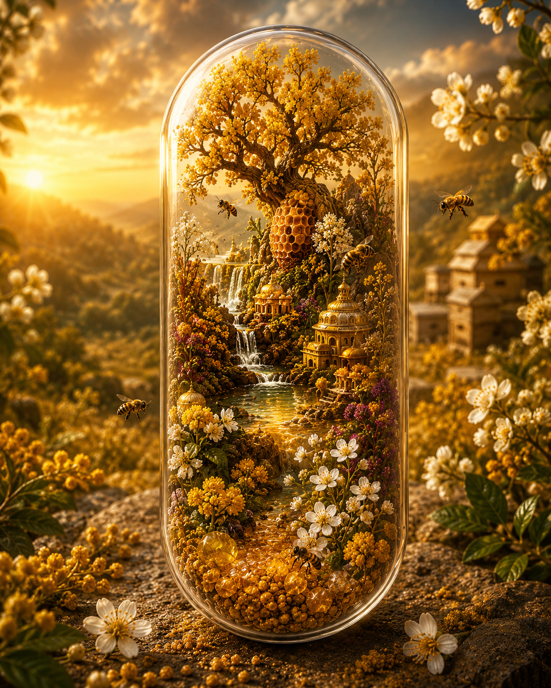 Miniature landscape with a tree, beehive, and bees inside a glass dome against a scenic background. Organic Bee Pollen Capsules | The Golden Flora