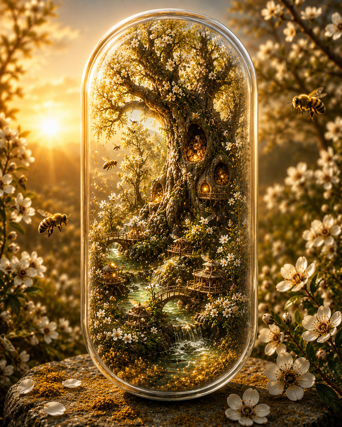 Glass jar with a tree inside, surrounded by flowers and bees, against a sunset background. Organic Manuka Bee Pollen Granules | The Radiant Flora
