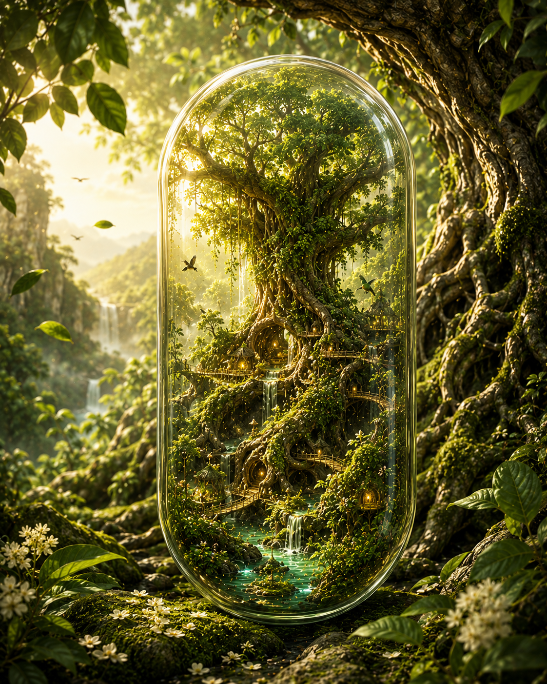 Glass dome enclosing a lush forest scene with trees and waterfalls. Organic Moringa Leaf Powder | The Verdant Foundation