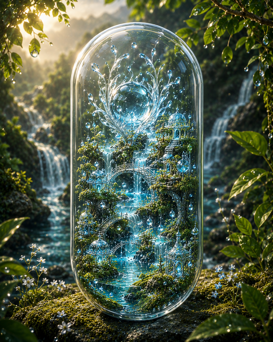 Glass dome with a fantasy landscape of a waterfall and bridge, surrounded by nature. Hyaluronic Acid Capsules | The Fluid Foundation