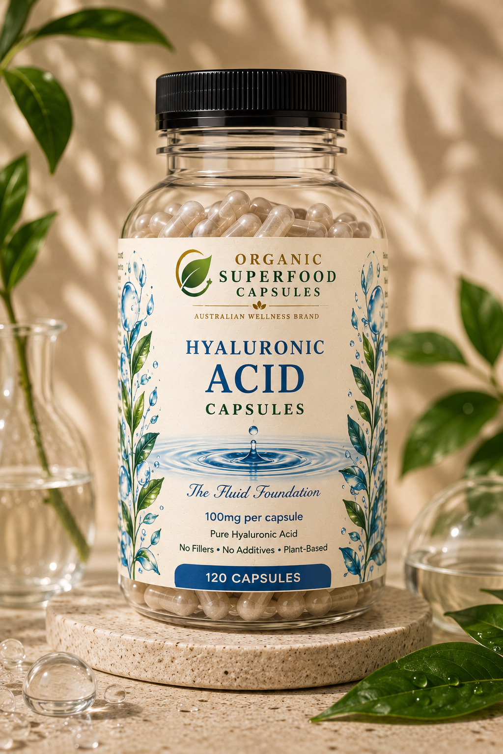 Bottle of Organic Superfood Capsules Hyaluronic Acid on a neutral background with leaves.