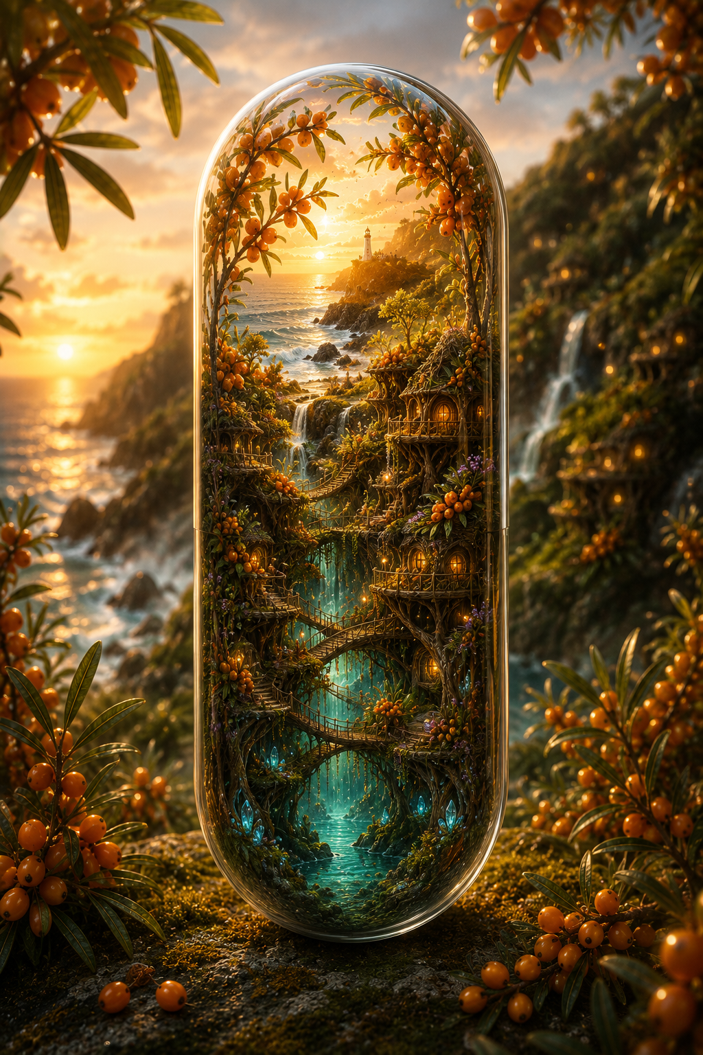 Pill bottle with a nature scene inside, surrounded by foliage and berries. Organic Dried Sea Buckthorn Berries 100g | The Coastal Berry