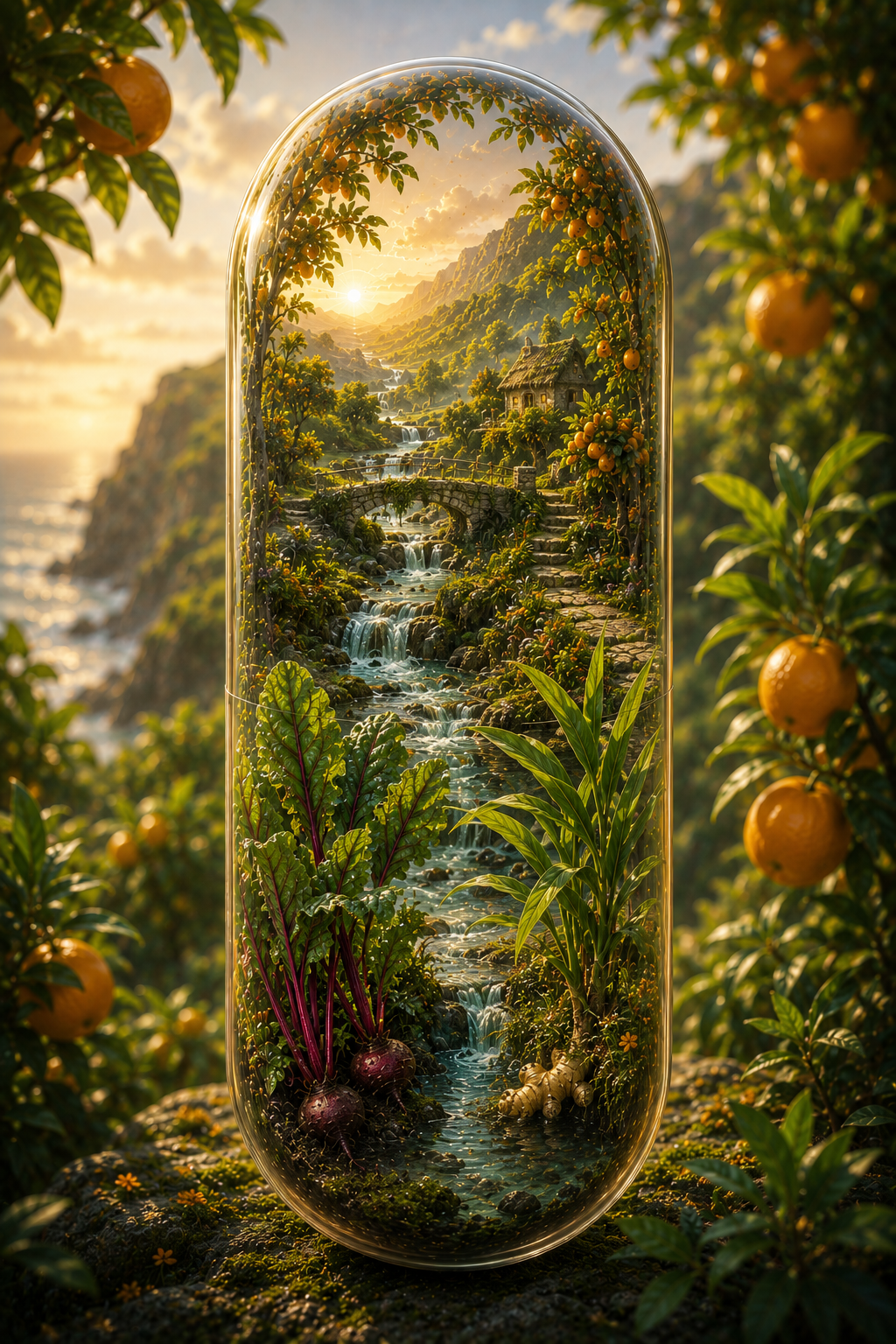 Framed nature scene with a waterfall, mountains, and oranges in a garden. Organic Beetroot, Orange & Ginger Capsules | Zesty Earth