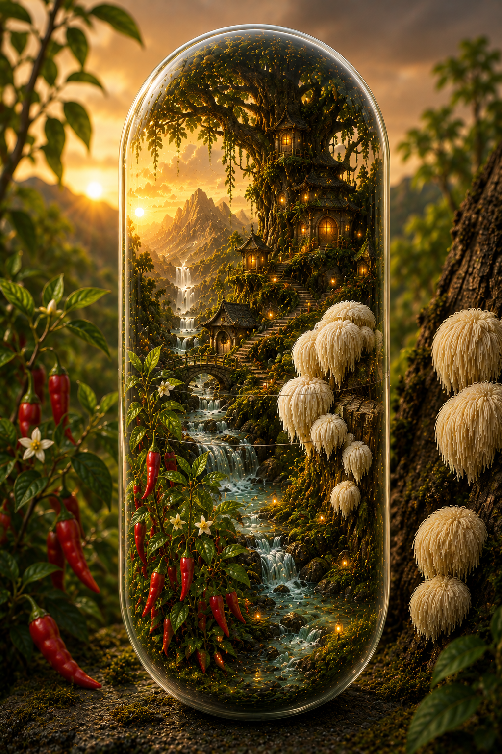 Futuristic glass dome with a fantasy landscape, including a waterfall and mushrooms, surrounded by natural elements. Organic Cayenne & Lion's Mane Capsules | Synaptic Spark