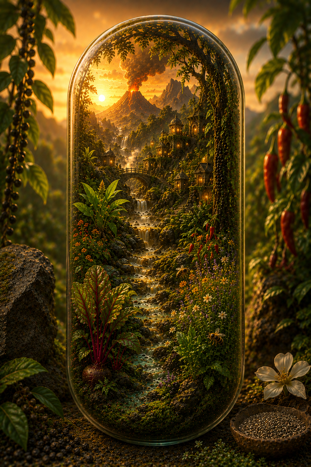 Futuristic glass dome with a fantasy landscape inside, surrounded by nature. Organic Turmeric, Beetroot, Cayenne, Bee Pollen, Black Pepper & Chia Capsules | Earth & Fire