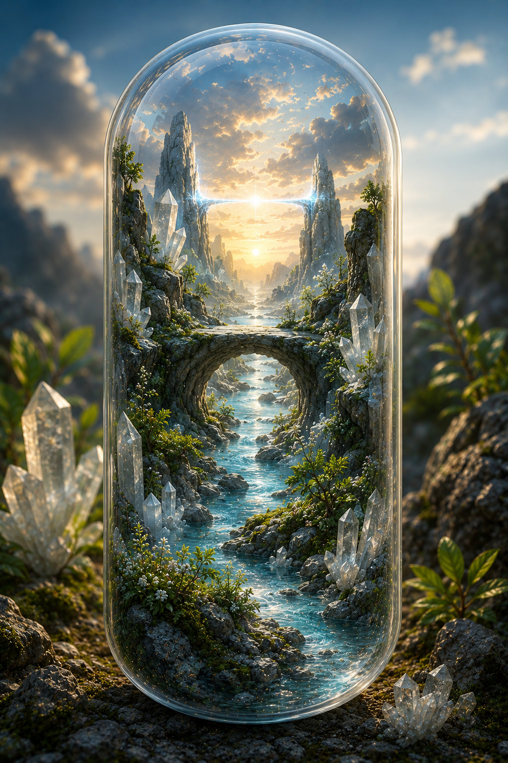 Futuristic cityscape within a glass dome on a mountainous landscape. Pure MSM Capsules | The Elemental Bridge