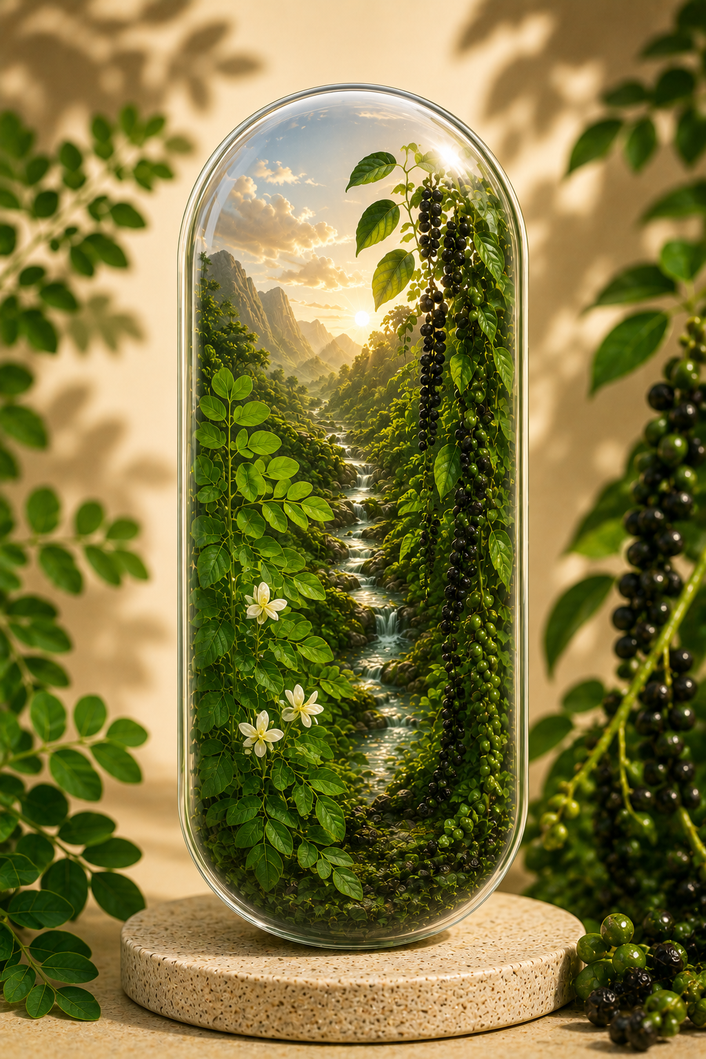 Glass dome with a miniature forest inside, surrounded by greenery.