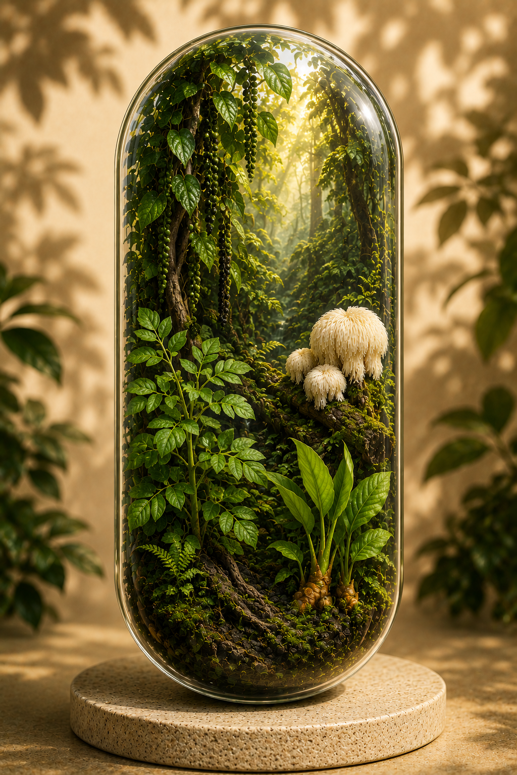 Terrarium with plants and a mushroom on a wooden base. Organic Ashwagandha, Turmeric & Lion's Mane Capsules | The Wise Path