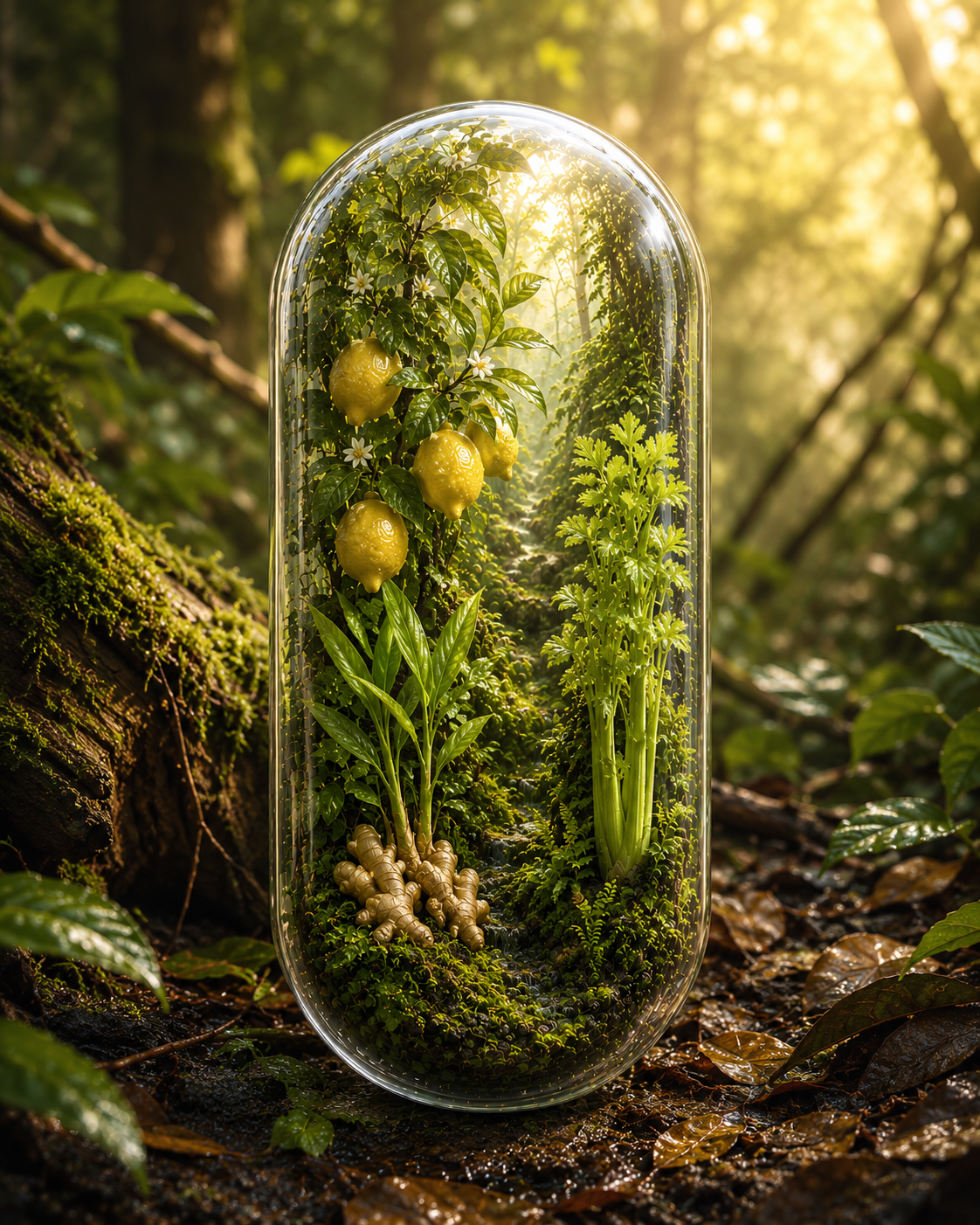 Glass dome containing a miniature forest with plants and moss on a forest floor. Organic Lemon, Ginger & Celery Capsules | Clarity