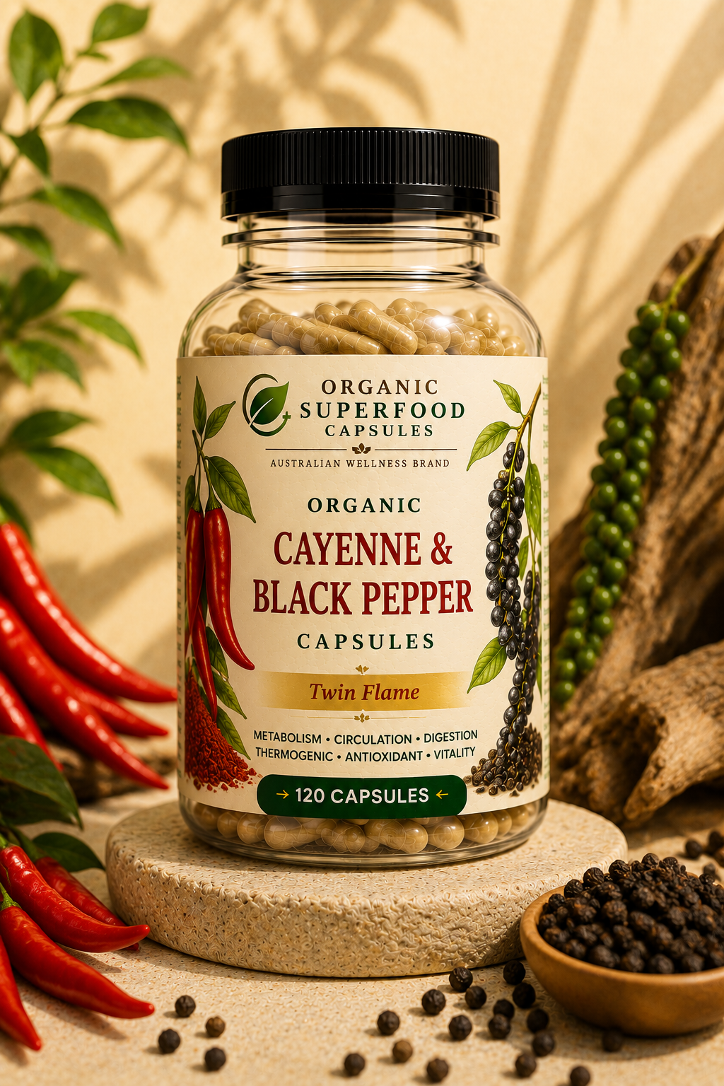 Bottle of Organic Cayenne & Black Pepper capsules with peppers and black pepper on a wooden surface. Organic Cayenne & Black Pepper Capsules | Twin Flame