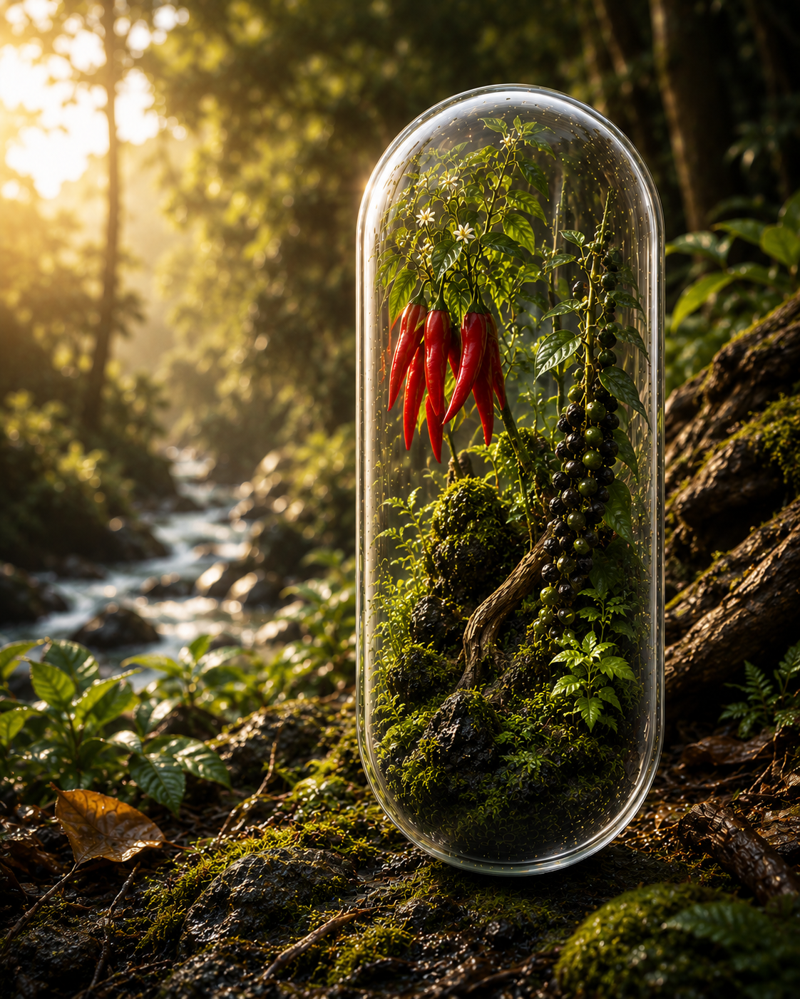 Glass dome with red chili peppers and plants on a forest floor. Organic Cayenne & Black Pepper Capsules | Twin Flame