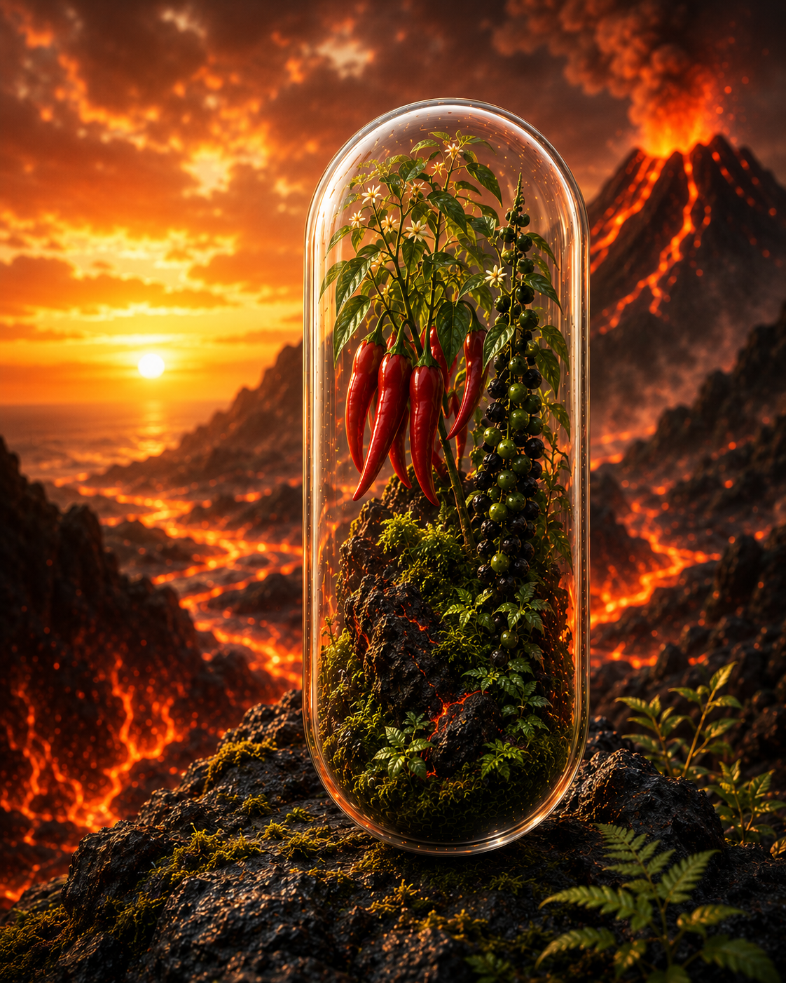 Terrarium with plants and red peppers against a volcanic landscape backdrop. Organic Cayenne Pepper Capsules 2000mg | The Inferno