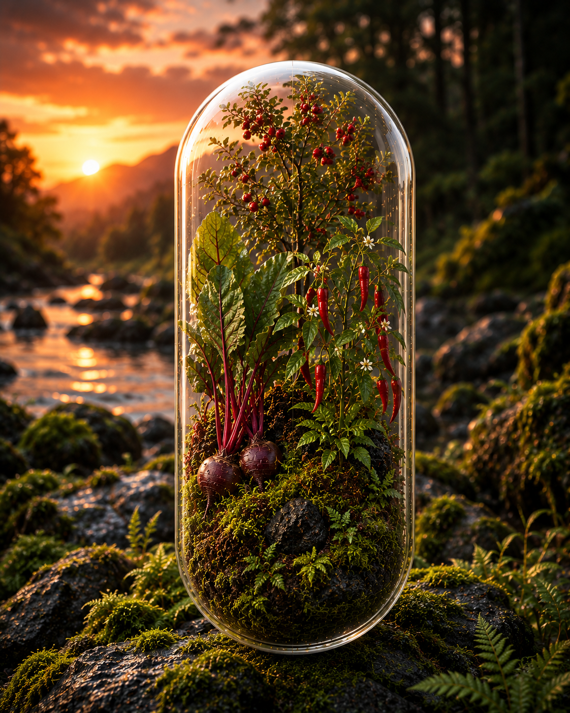 Glass dome with plants and berries on a natural background with sunset. Organic Beetroot, Cayenne & Hawthorn Capsules | Kinetic 12