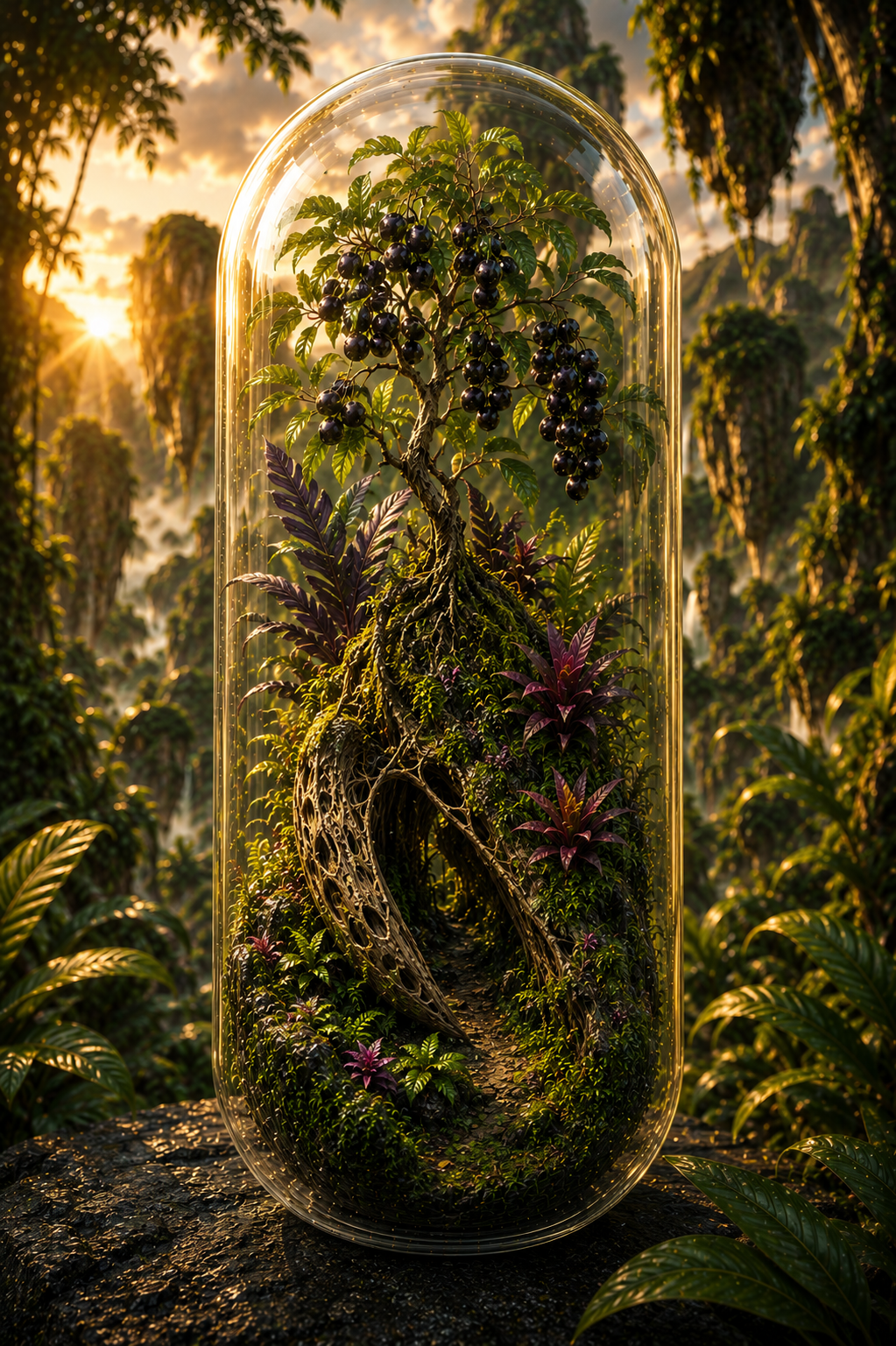 Terrarium with plants and moss against a forest background, 4:1 Organic Acai Extract Capsules | The Amazonian Jewel
