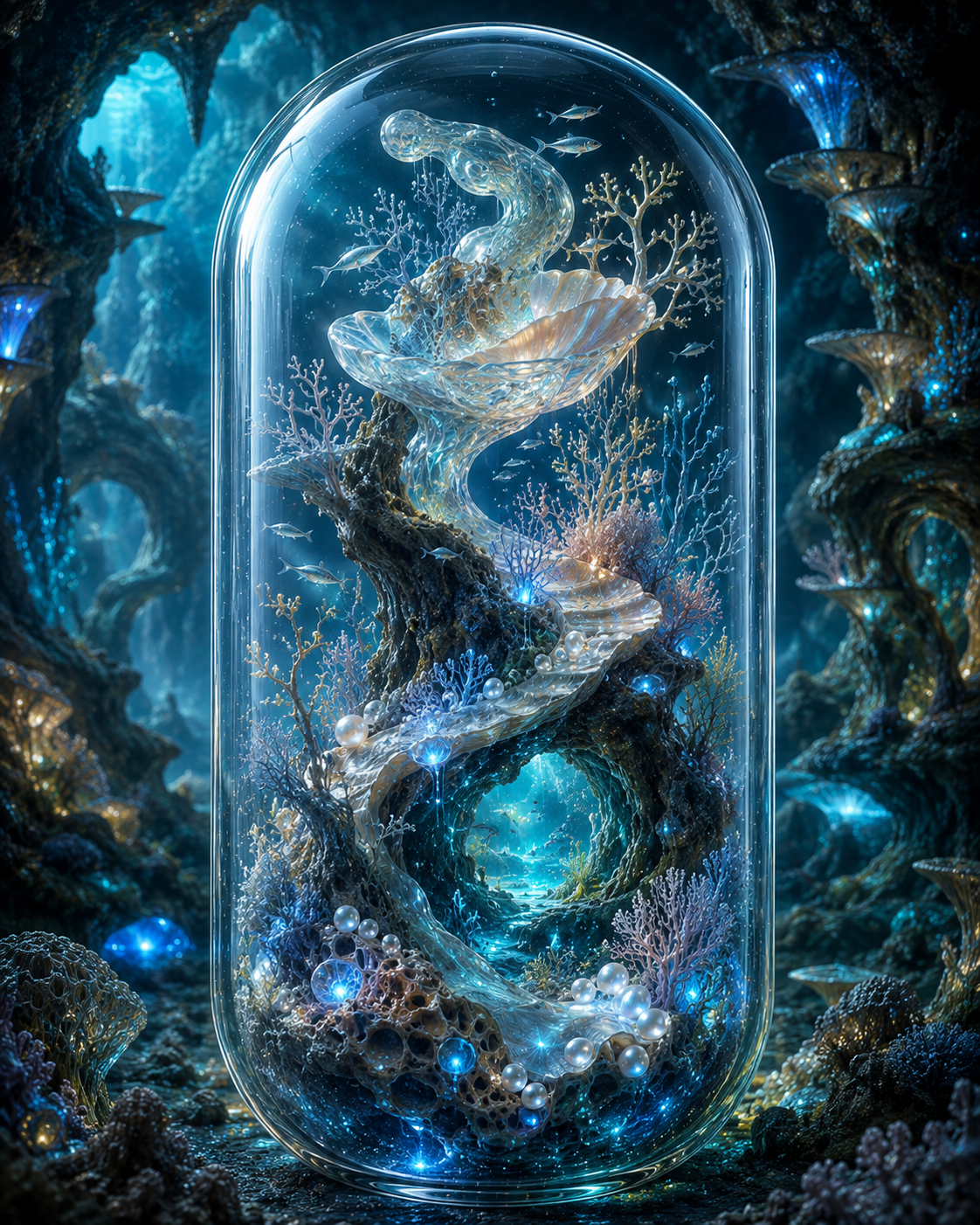 Fantasy underwater scene with a glowing blue light and intricate marine life inside a glass dome. Fish Collagen & Hyaluronic Acid Capsules | The Maritime Foundation