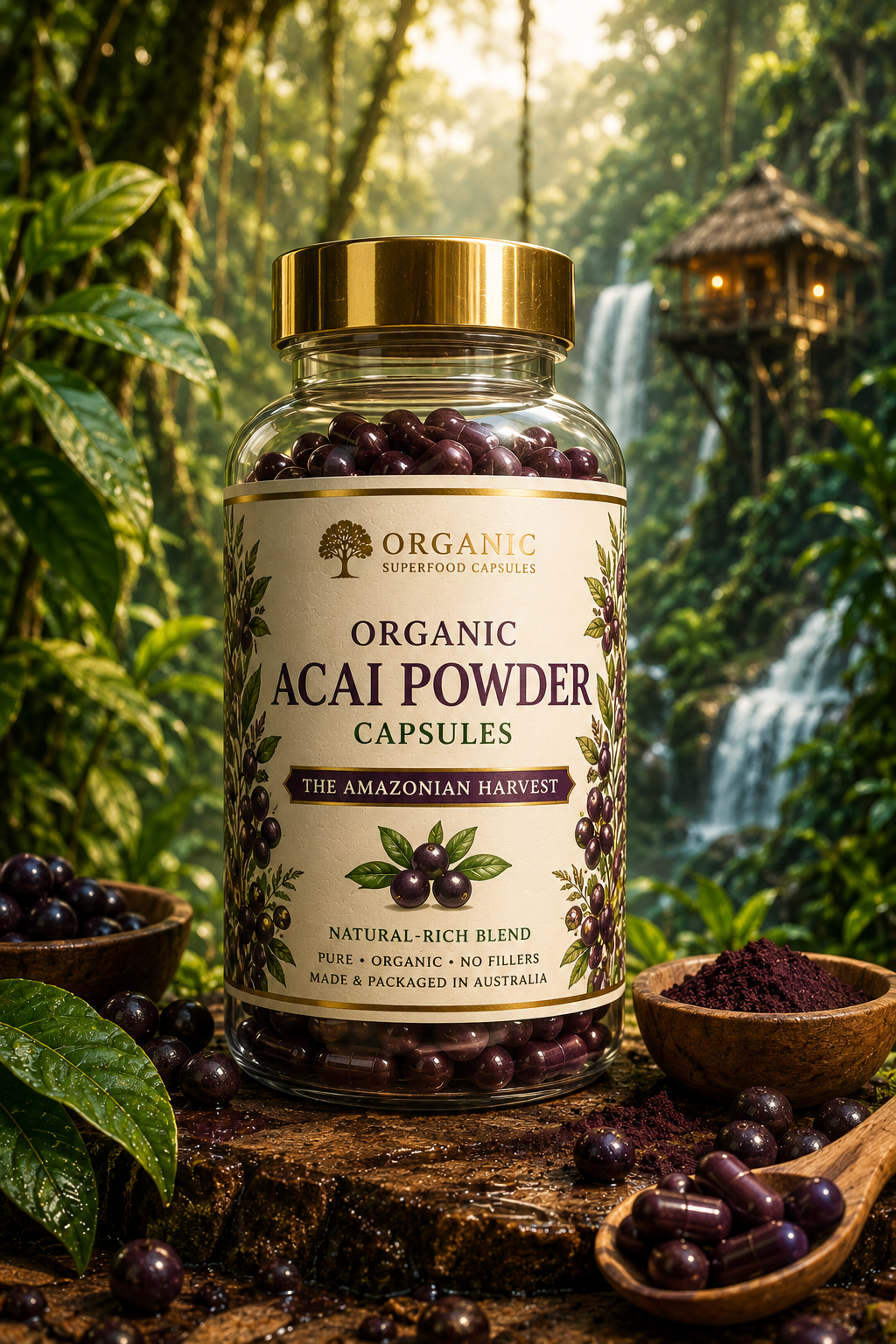 Jar of Organic Acai Powder Capsules with a forest background. Organic Acai Powder Capsules 1000mg | The Amazonian Harvest