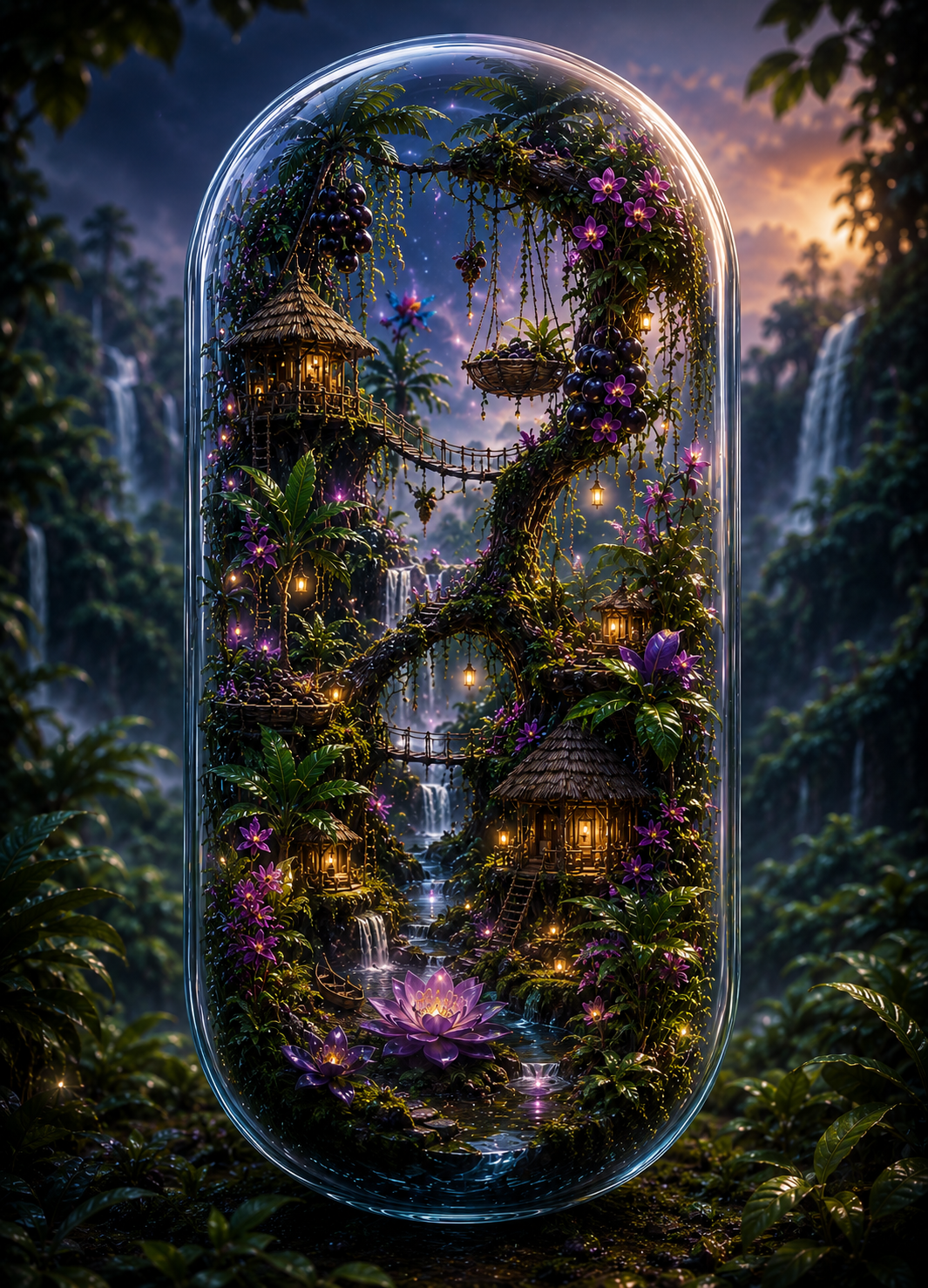 Fantasy scene of a treehouse village within a glass dome, surrounded by lush foliage and waterfalls. Organic Acai Powder Capsules 1000mg | The Amazonian Harvest