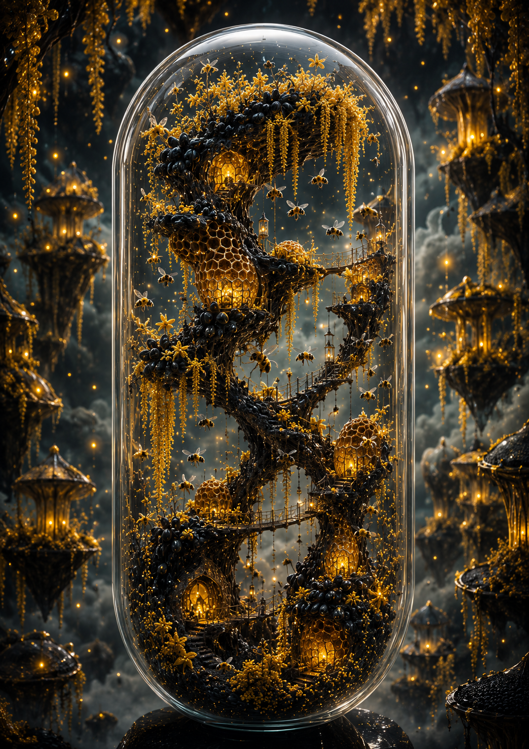 Futuristic cityscape inside a glass dome with glowing elements. Organic Bee Pollen & Black Sesame Blend | Golden Nourish