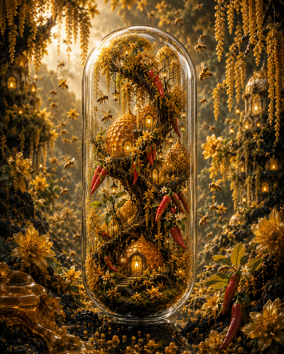 Fantasy scene with a glass dome containing a magical forest and glowing lanterns, surrounded by nature. Organic Bee Pollen & Cayenne Capsules | Fire & Gold