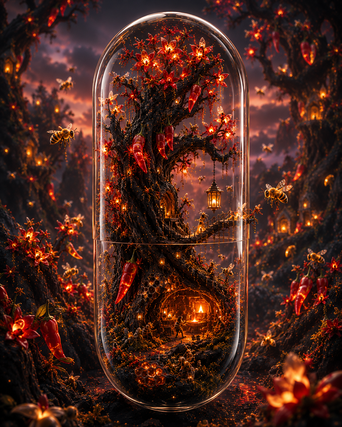 Fantasy scene with a glowing tree inside a glass dome, surrounded by mystical elements. Organic Cayenne Pepper Capsules 300mg | The Red Spark