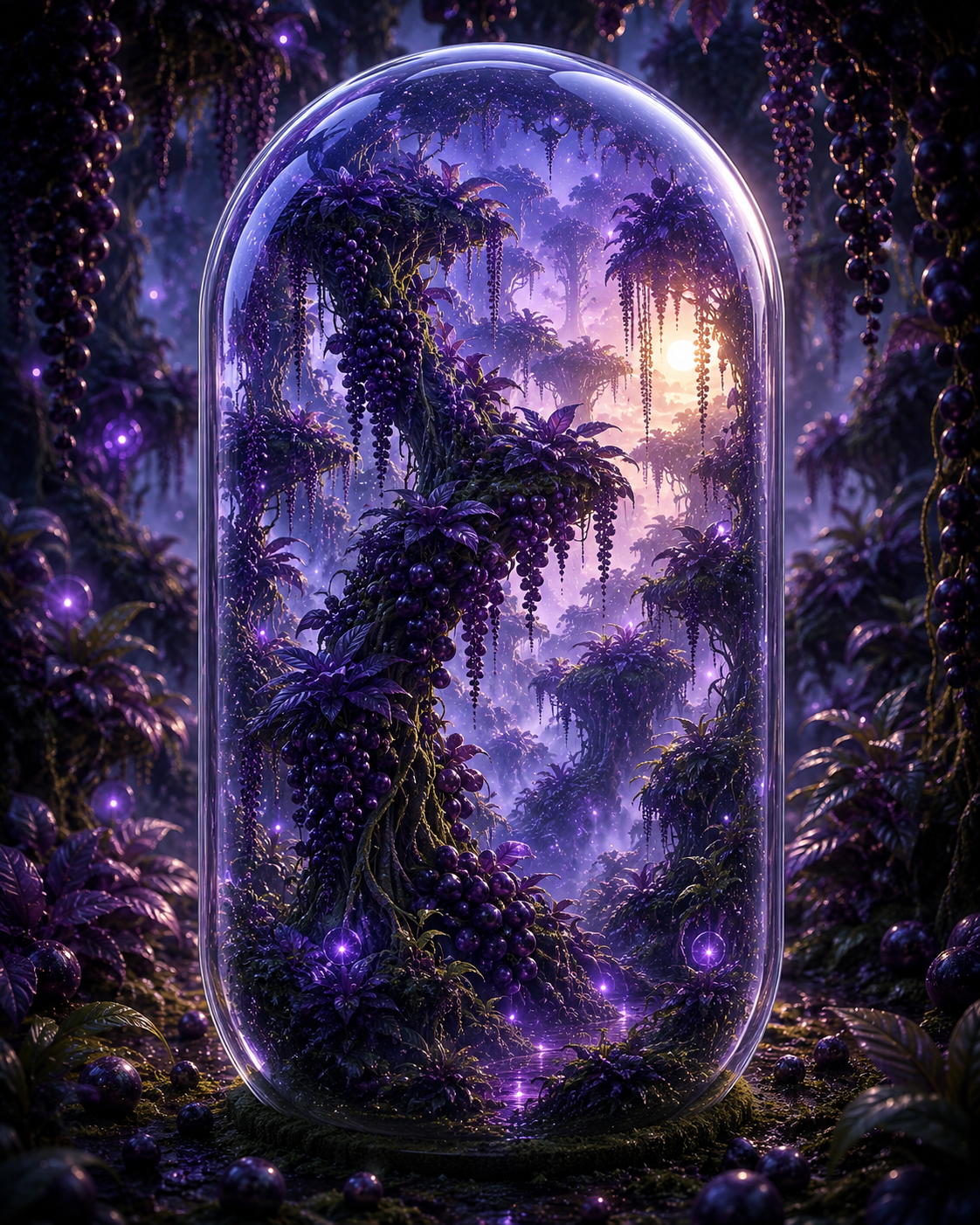 Fantasy landscape with a glowing light inside a glass dome, surrounded by lush purple foliage. Organic Acai Powder Capsules 500mg | The Amazonian Jewel