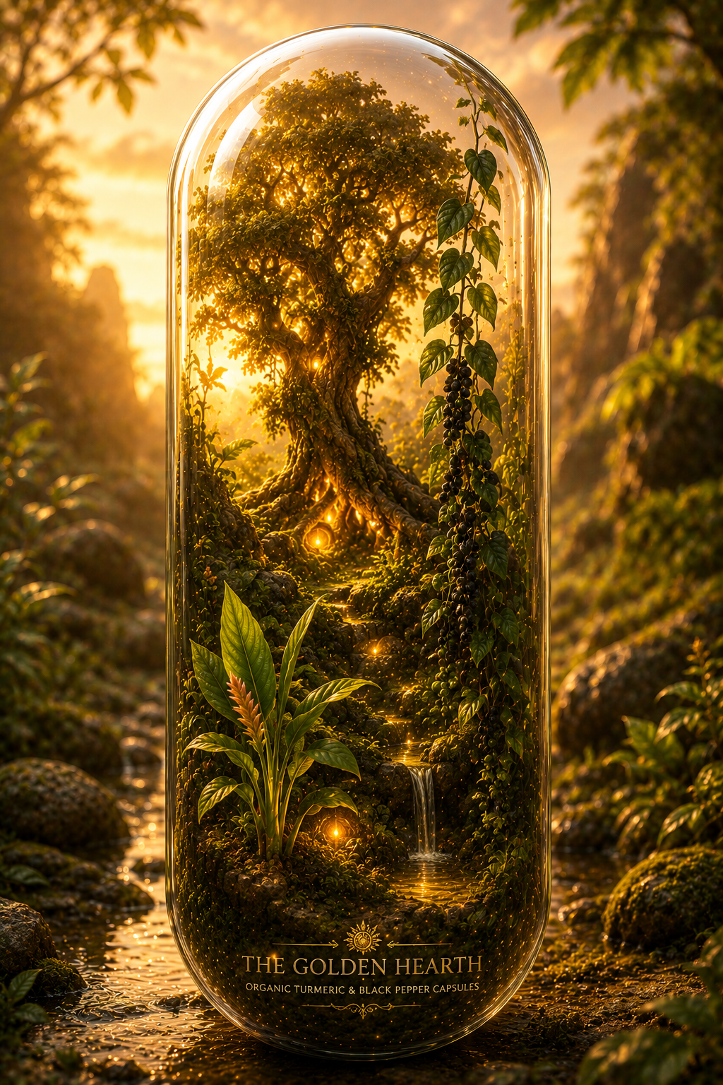 Glass dome containing a forest scene with 'The Golden Hearth' branding. Organic Turmeric & Black Pepper Capsules | The Golden Hearth