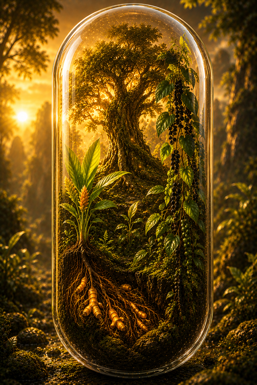 Tree inside a glass dome with a forest background. Organic Turmeric & Black Pepper Capsules | The Golden Hearth