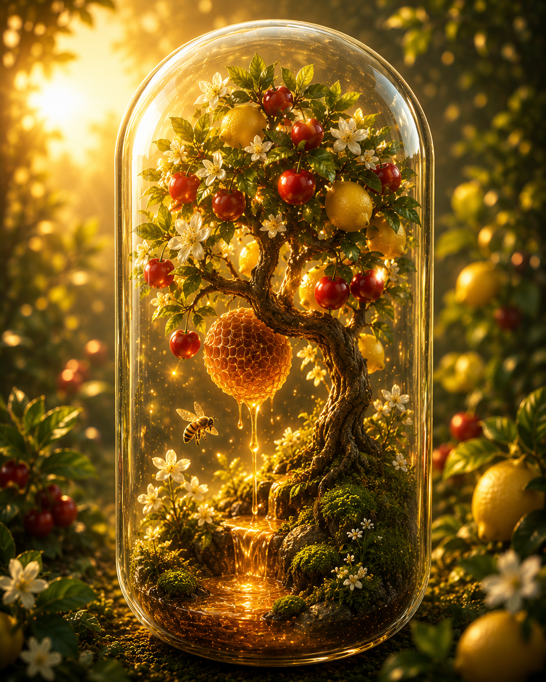 Tree with fruits and flowers inside a glass dome in a natural setting. Bee Pollen, Acerola Cherry & Lemon Powder (100g) | C-Vitality
