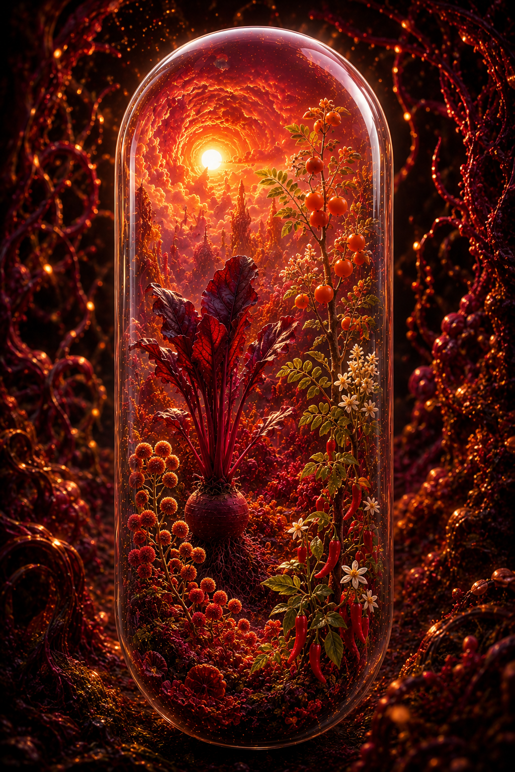 Futuristic glass dome with plants and a glowing light source on a dark background. Organic Beetroot, Orange, Ginger & Cayenne Capsules | The Crimson Sunrise