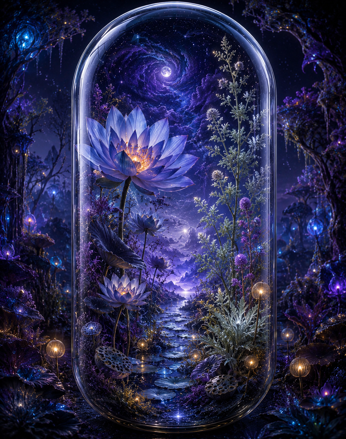 Fantasy scene with glowing flower, mystical forest, and galaxy inside a glass dome. Organic Blue Lotus, Calea & Mugwort Capsules | Lucid Night