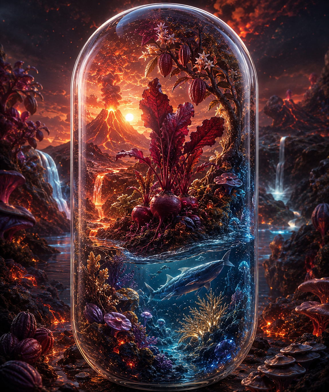 Fantasy landscape with a glowing creature inside a glass dome, surrounded by nature elements. Organic Cacao, Beetroot & Fish Collagen Capsules | Earth, Sea & Fire