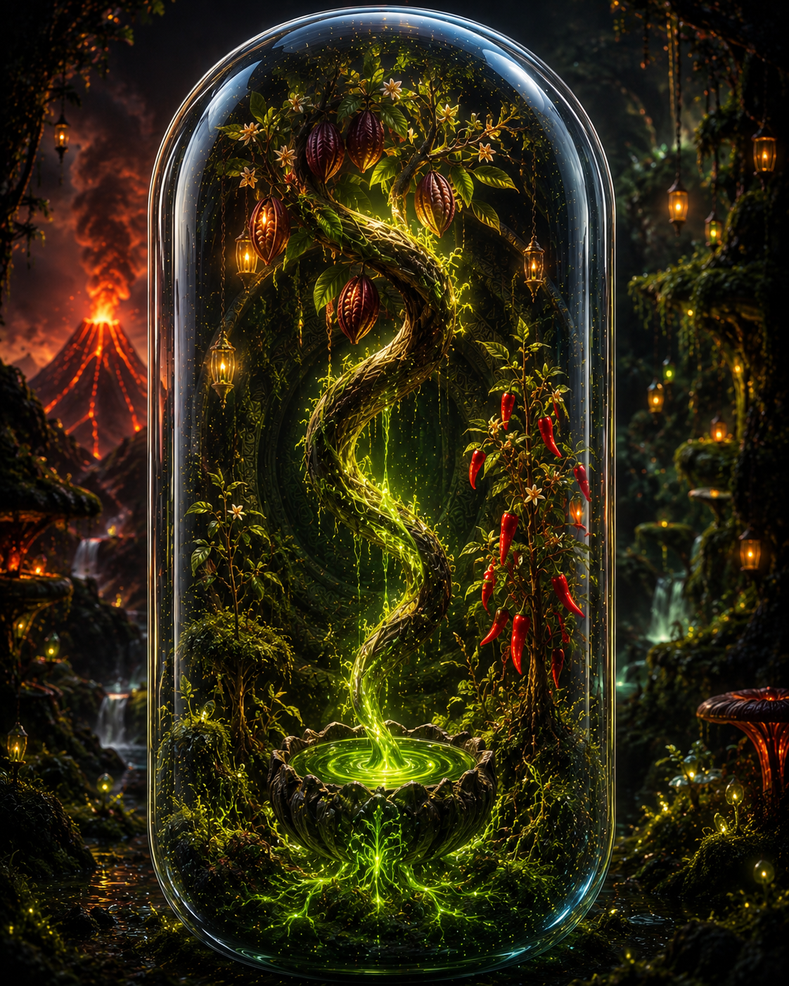Fantasy scene with a glowing tree inside a glass dome, surrounded by mystical elements. Organic Cacao, Matcha & Cayenne Capsules | The Ritual Catalyst