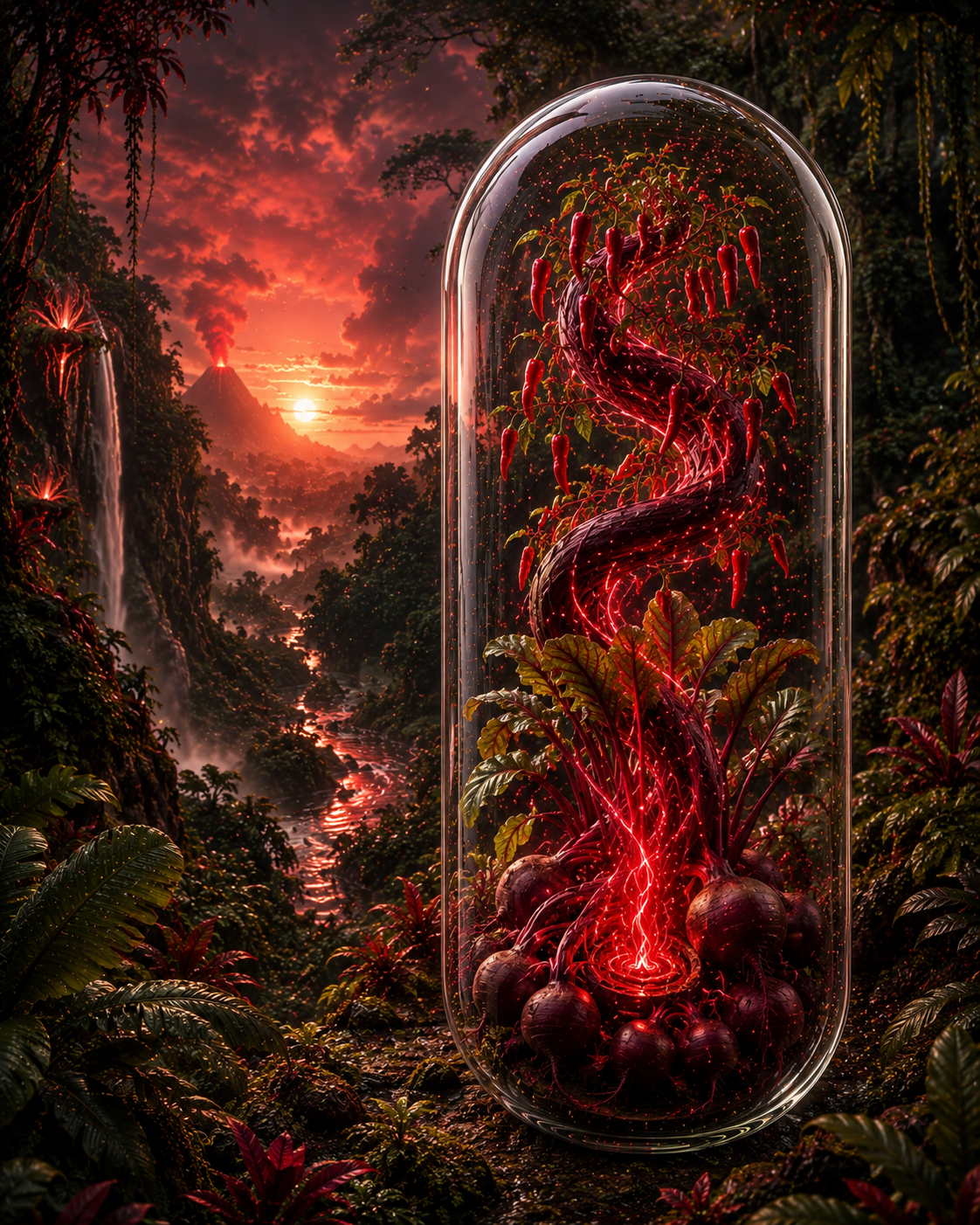 Glass dome with glowing red plant inside, set against a fantasy landscape with mountains and sunset. Organic Cayenne & Beetroot Capsules | The Red Surge