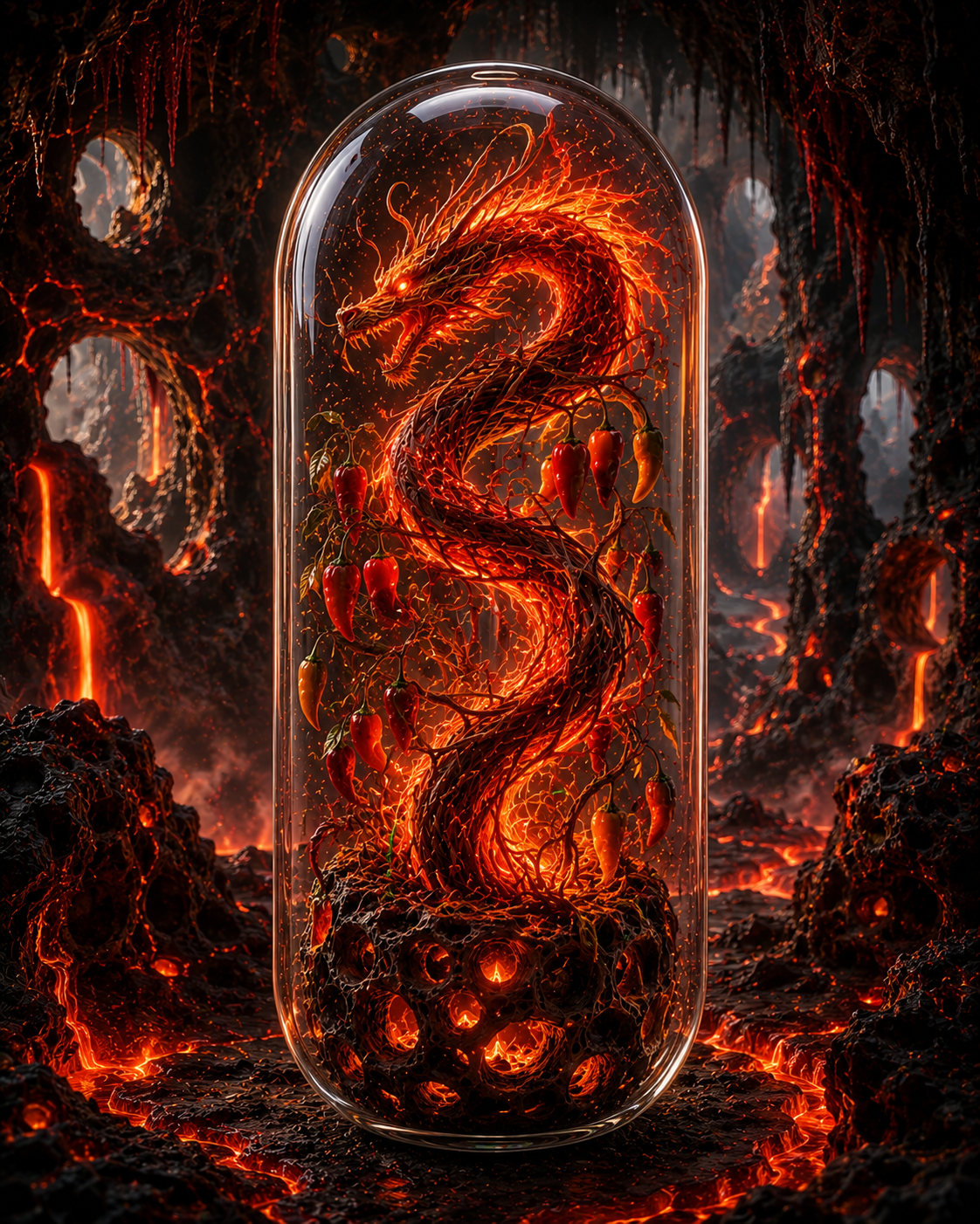 Dragon inside a glass dome with fiery background. Organic Cayenne & Habanero Capsules | Dragonfire
