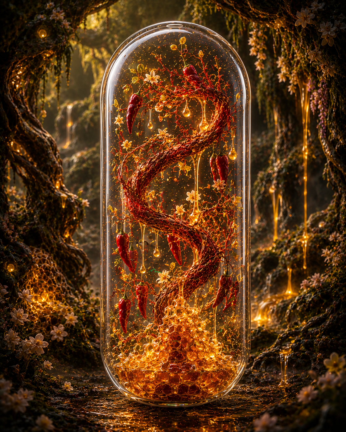 Glass dome with a red snake and flowers in a mystical forest setting. Organic Cayenne & Honey Capsules | Sweet & Spark