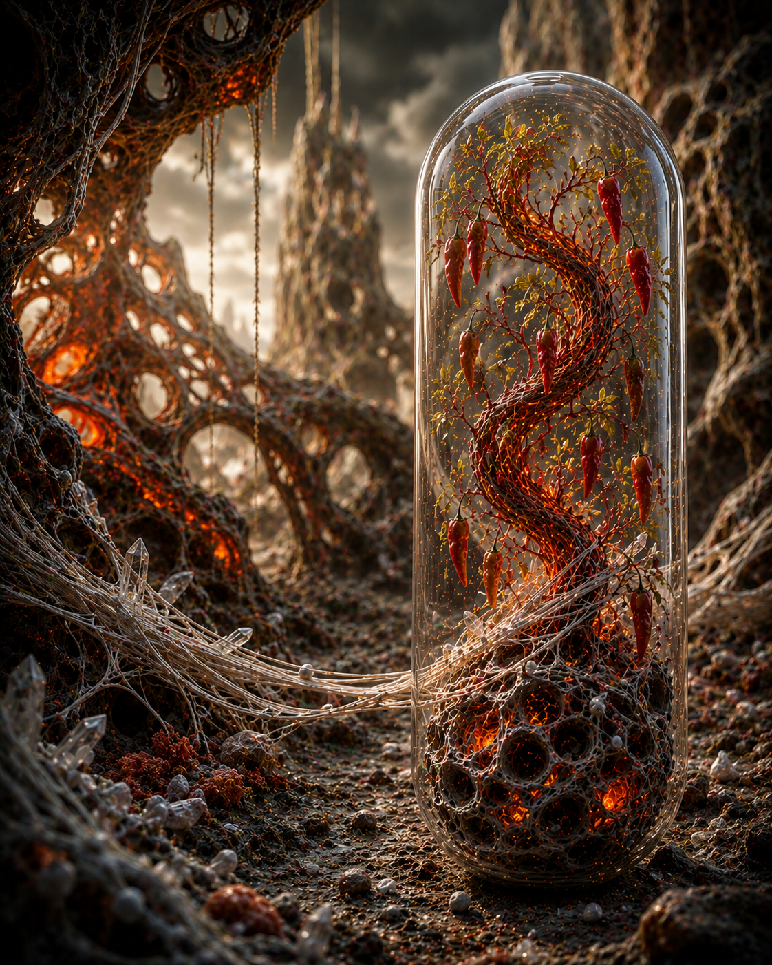 Glass dome containing a twisted, fiery creature in a dark, forest-like setting. Organic Cayenne & MSM Capsules | Spark & Structure