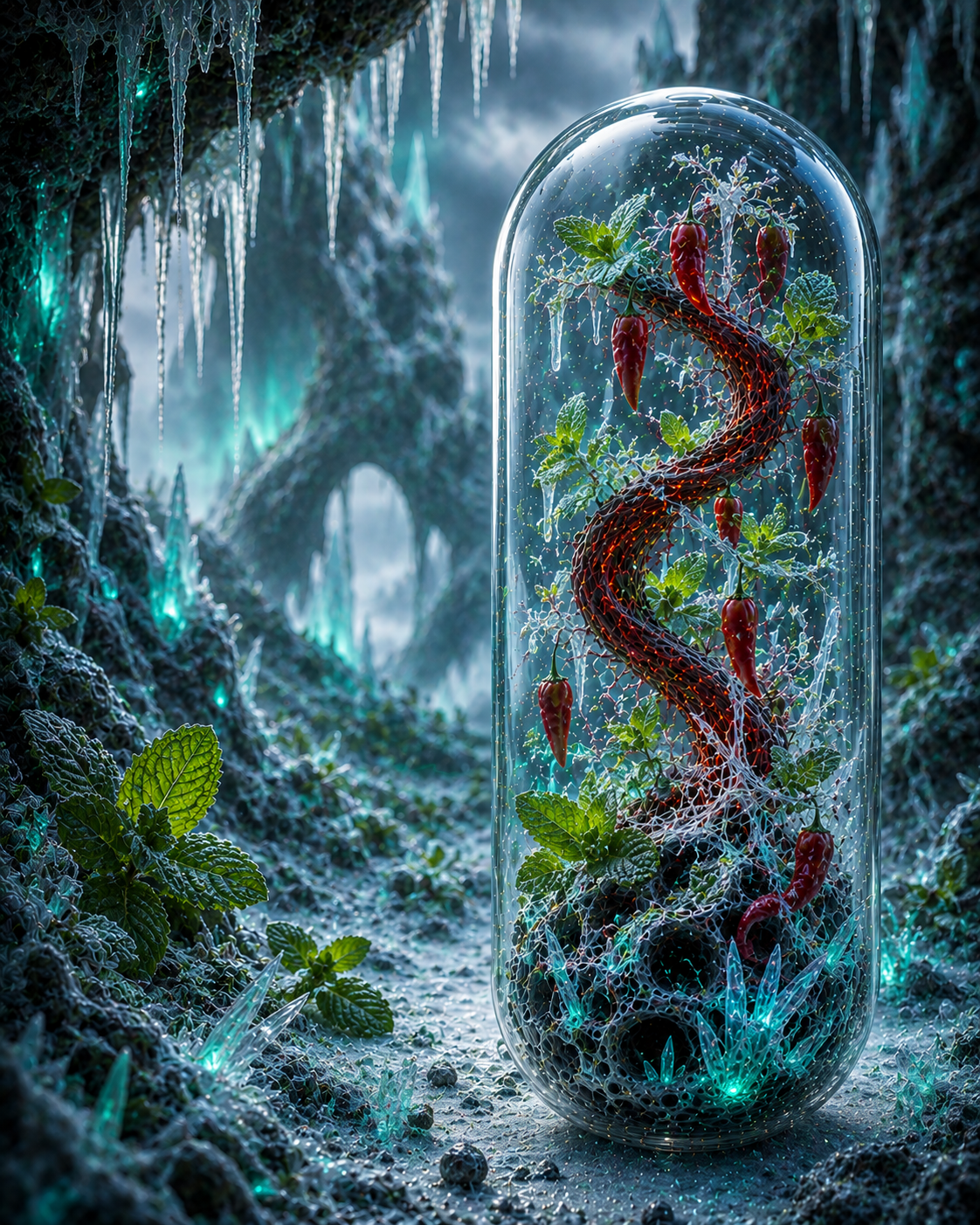 Glass dome with a wavy red object and plants inside, set against a dark, mystical background. Organic Cayenne & Peppermint Capsules | Polar Spark
