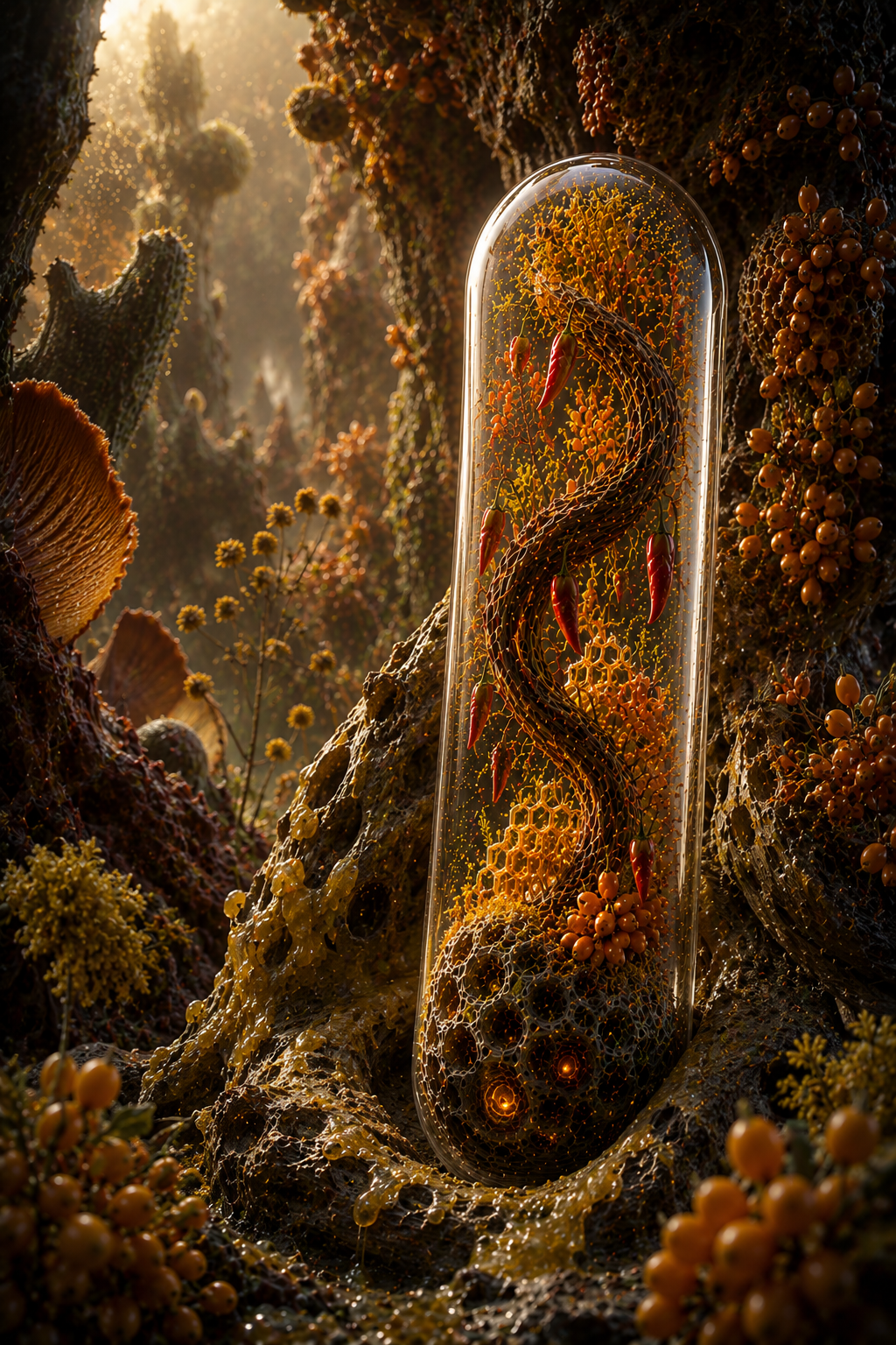 Glass tube with a creature inside, surrounded by a fantasy-like forest with glowing elements. Sea Bukthorn