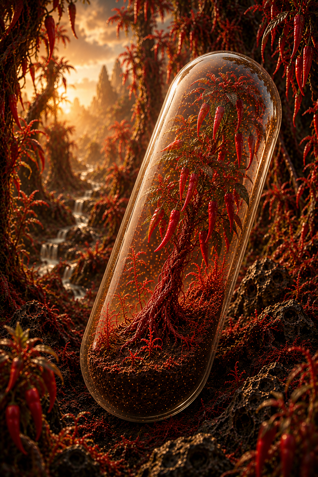 Glass dome enclosing a red plant-like creature in a fantasy forest setting. Organic Cayenne Pepper Capsules 100mg | The Spark