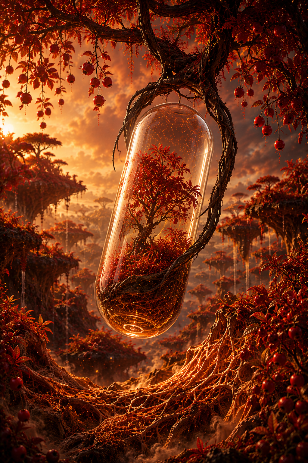 Tree inside a glass bottle with a fantasy forest background. Organic Cayenne, Ginger & Hawthorn Capsules | Fire & Fruit